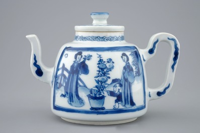 A Chinese blue and white teapot and cover with long Elizas, Kangxi